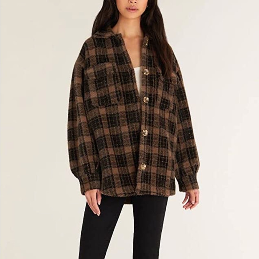 Z Supply Brown and Black Plaid Button-Up Shacket